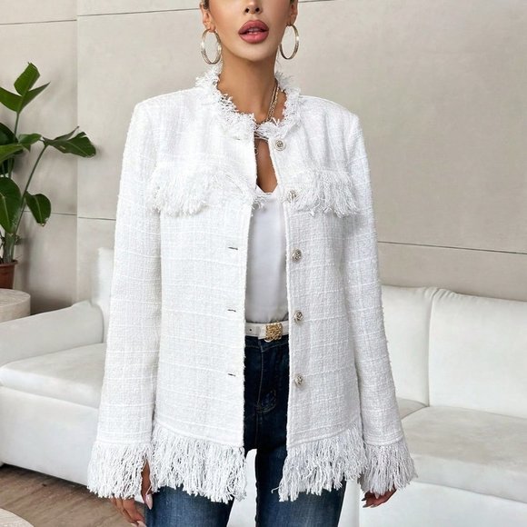 White Casual Womens Raw Trimmed Flap Detail Tweed Overcoat - Picture 1 of 6